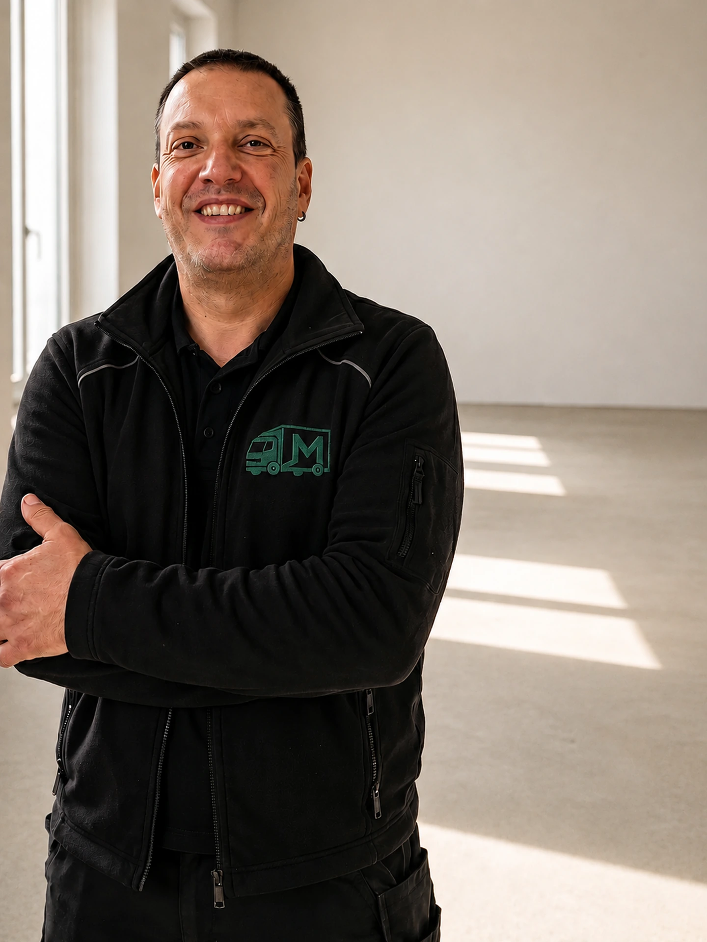Daniel, Einsatzleiter bei Markgräfler Räumungen — schwarze Arbeitsjacke mit grünem gesticktem Firmenlogo, in einer leergeräumten Wohnung.