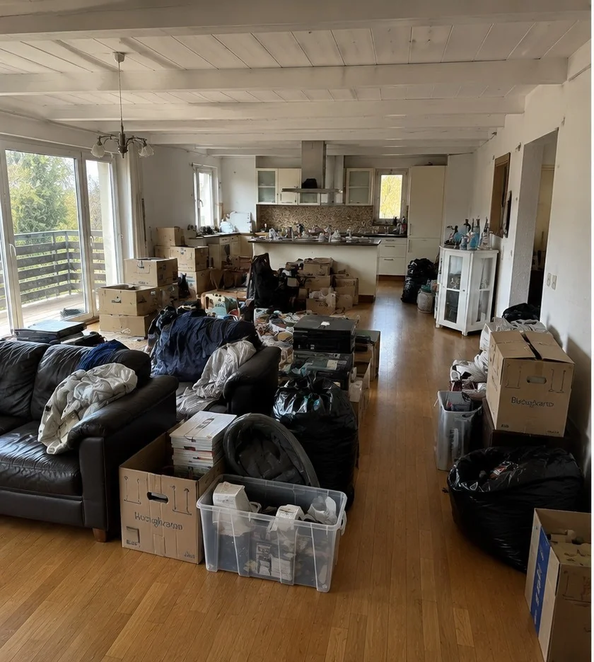 Wohn-Esszimmer in Weil am Rhein vor der Haushaltsauflösung — Sofa, Umzugskartons und Inventar.