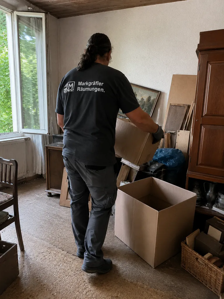 Mitarbeiter von Markgräfler Räumungen verpackt gerahmte Bilder und Hausrat bei einer Wohnungsentrümpelung.