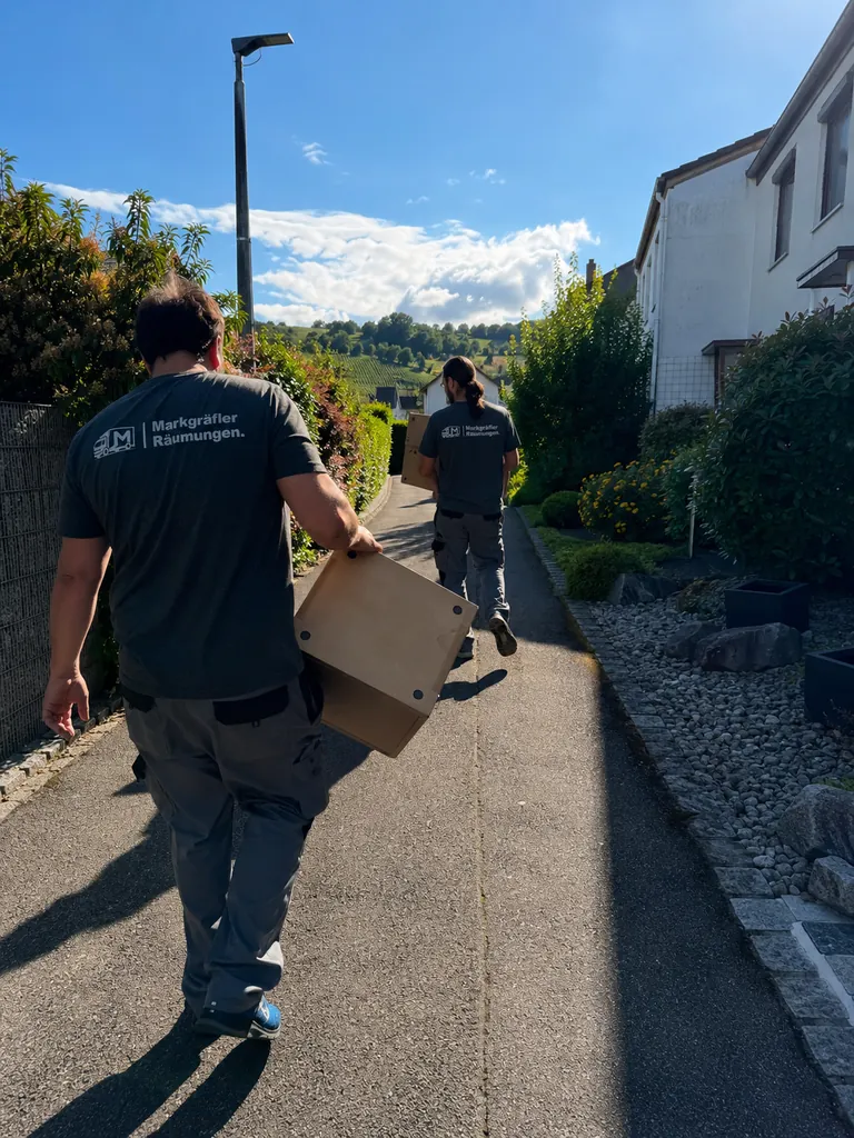 Zwei Mitarbeiter von Markgräfler Räumungen tragen Umzugskartons einen Weg hinauf, im Hintergrund die Weinberge des Markgräflerlandes.