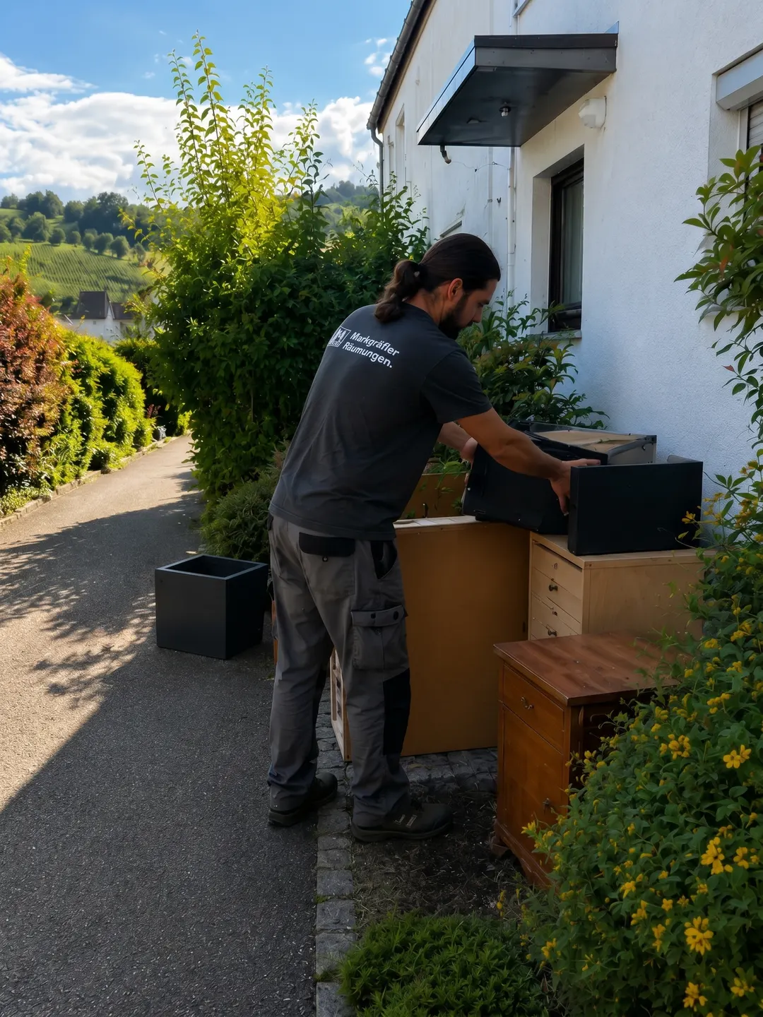 Ein Mitarbeiter von Markgräfler Räumungen verlädt Möbel und Schubladen vor einem Haus im Markgräflerland, im Hintergrund die Weinberge.