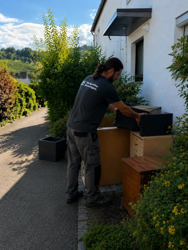 Mitarbeiter von Markgräfler Räumungen sortiert Möbel und Kisten vor einem Haus für den Abtransport.
